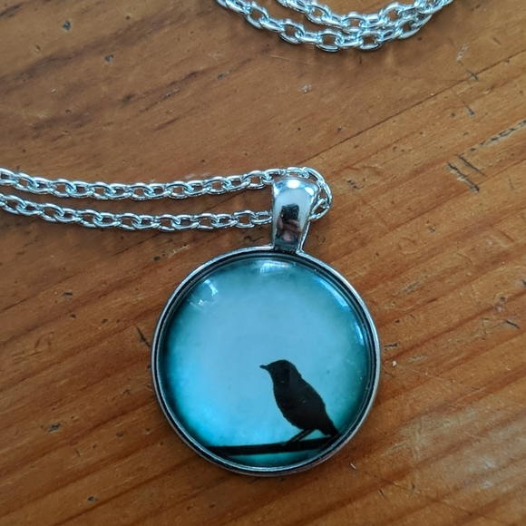 Jewelry - Silver cabochon necklace bird against night sky